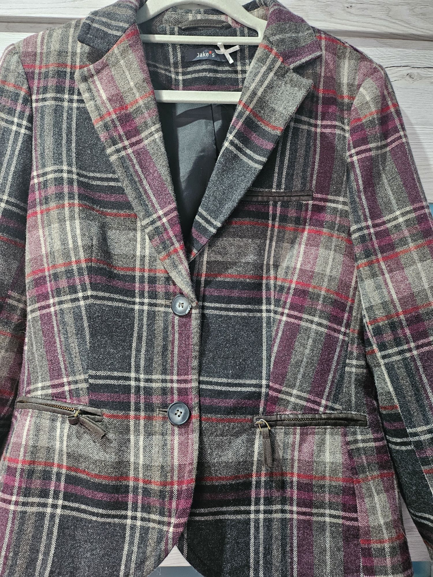 Marynarka/Żakiet Vintage, Retro, brązowa,w czerwono jasną kratę,wełna