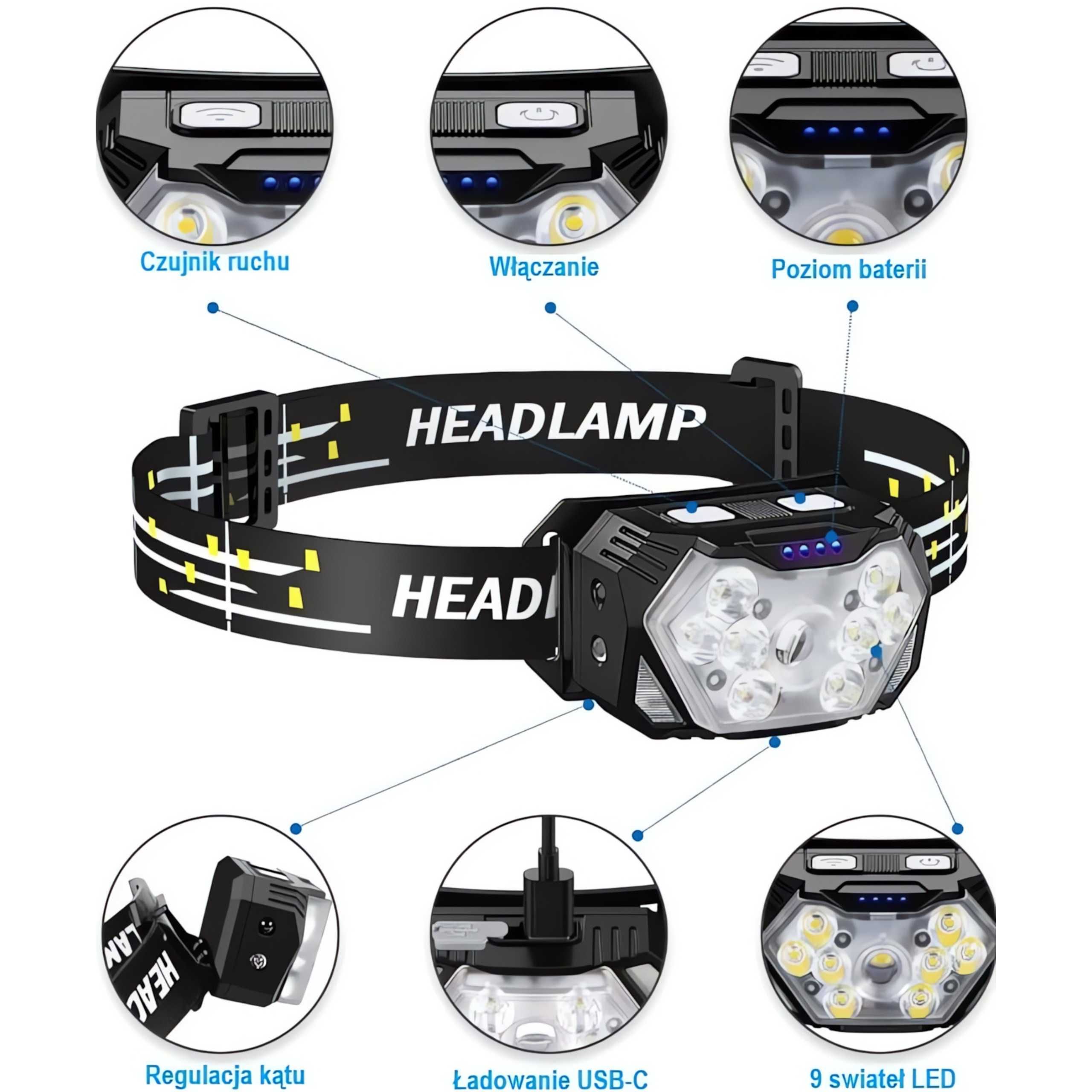 LATARKA CZOŁOWA LEDx9 lampa LED Mocna 2000 Lumenów Czujnik Ruchu Tryby