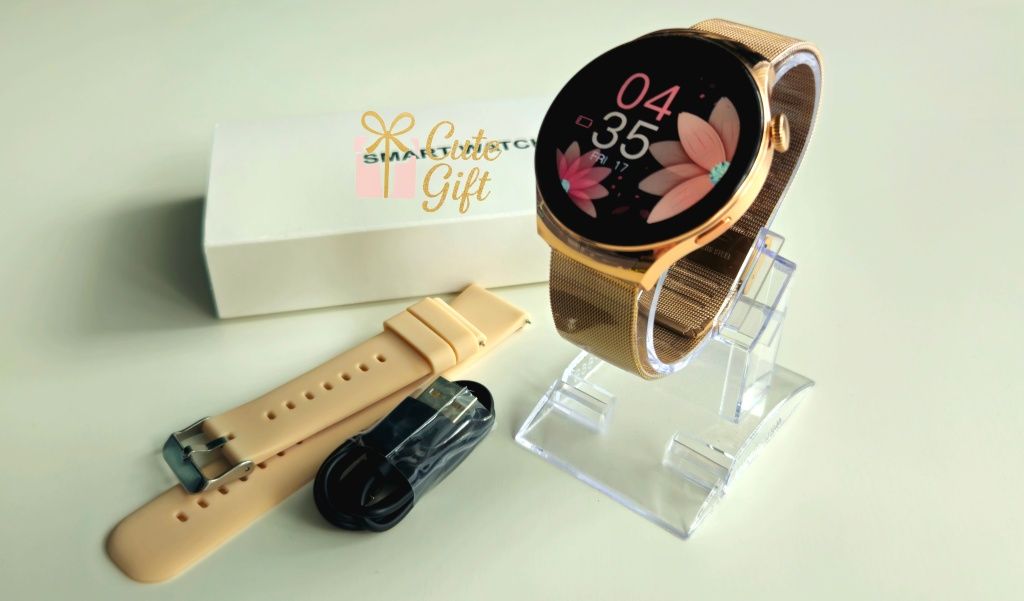 Elegancki Damski Smartwatch, Zegarek dla Kobiet, Złoty, Menu PL, Puls