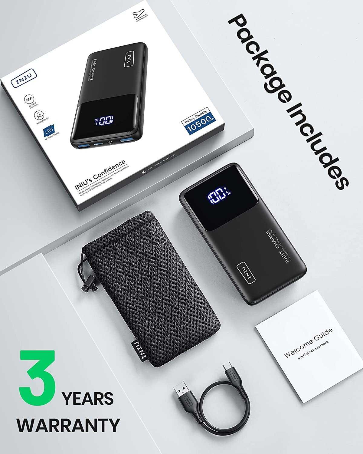 Iniu BI-B6 Powerbank 2xUSB 10500 mAh latarka 22,5W PD 3.0 i QC4.0