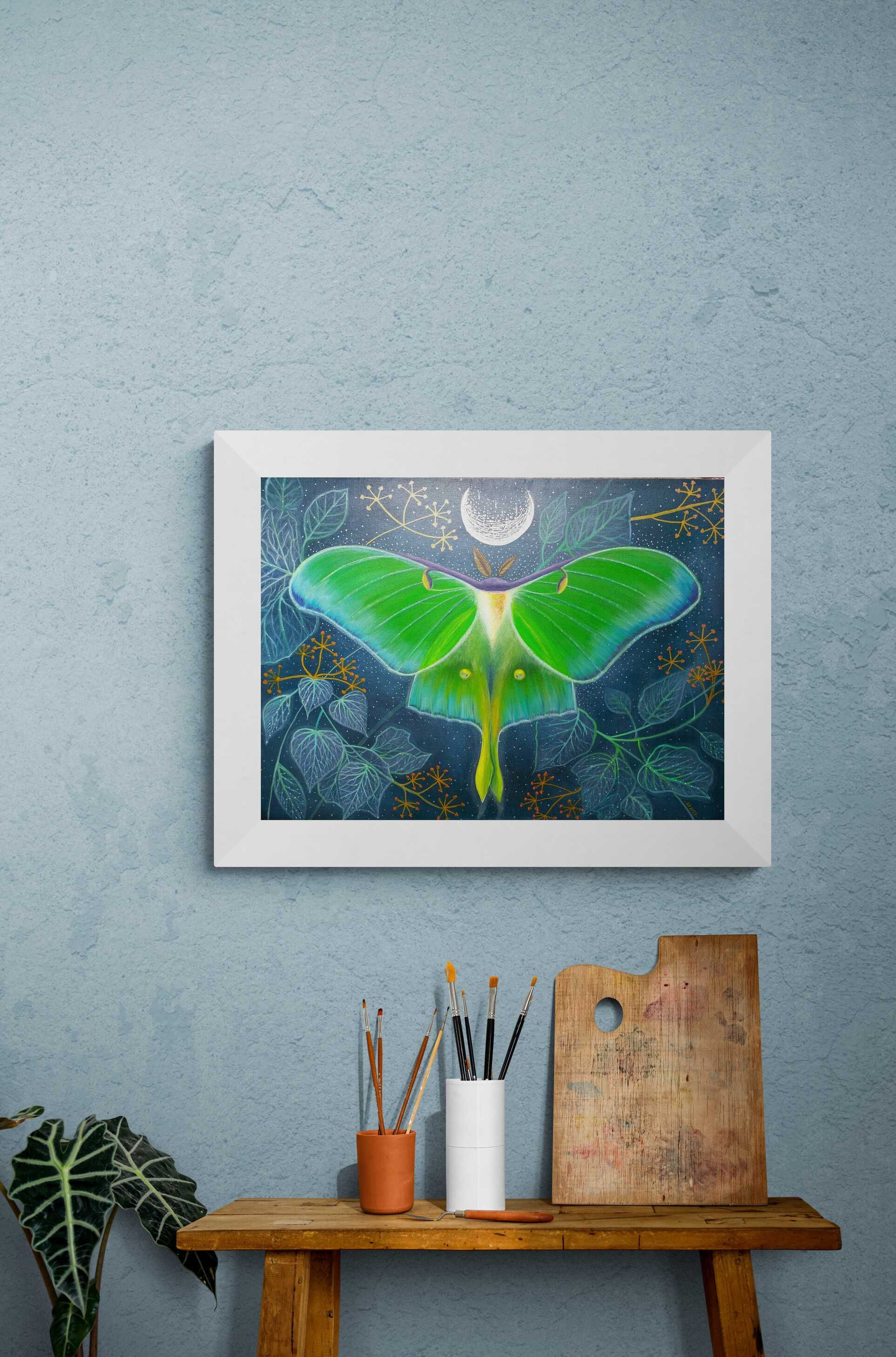 Obraz autorski "Actias Luna" farby akrylowe na płycie 50x70 cm.