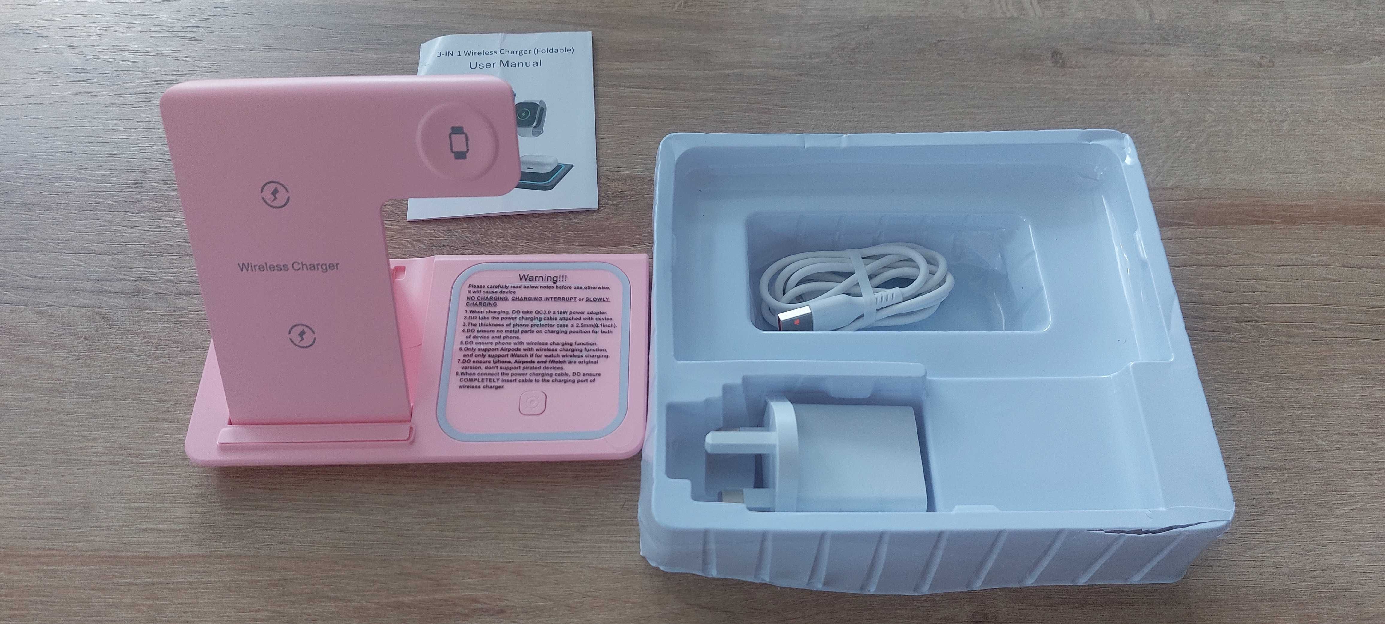Bezprzewodowa Stacja Ładowania 3w1 do iPhone Apple Watch Airpod Różowa