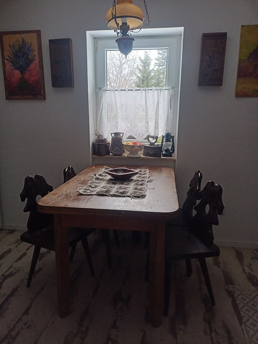 PRL komplet - stary stół+4 krzesła DREWNO