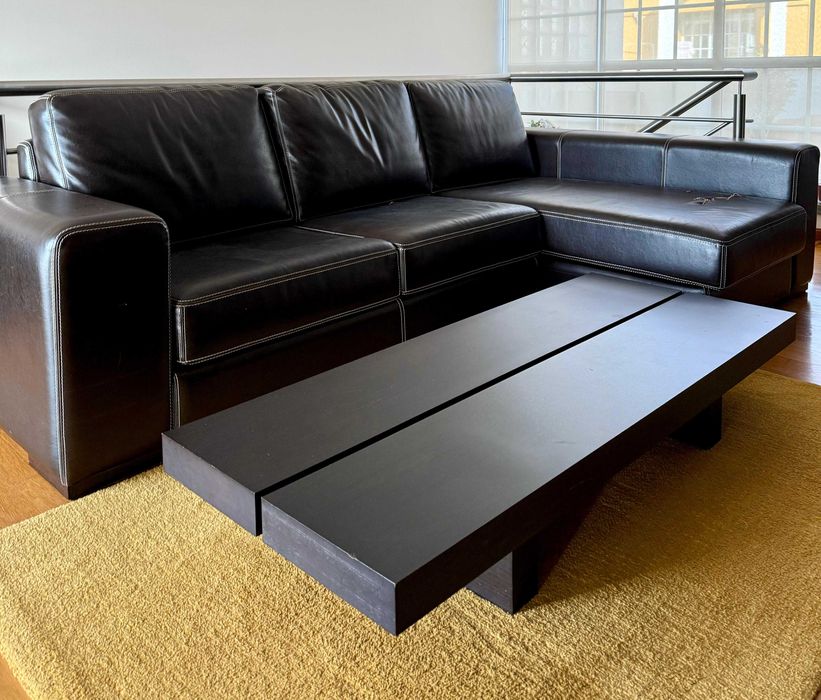 Sofa em Pele Castanho / Wengue com chaise Longue