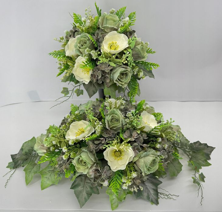 Komplet na grób stroik i bukiet zielono kremowy dekoracja cmentarna