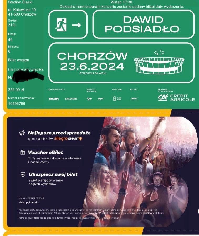 4 Bilety na koncert Podsiadło Chorzów po cenie zakupu