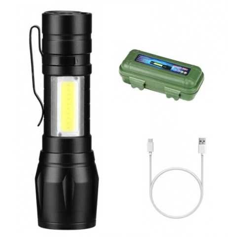 Mocna latarka taktyczna 2x led zoom reflektor cob usb pudełko klips