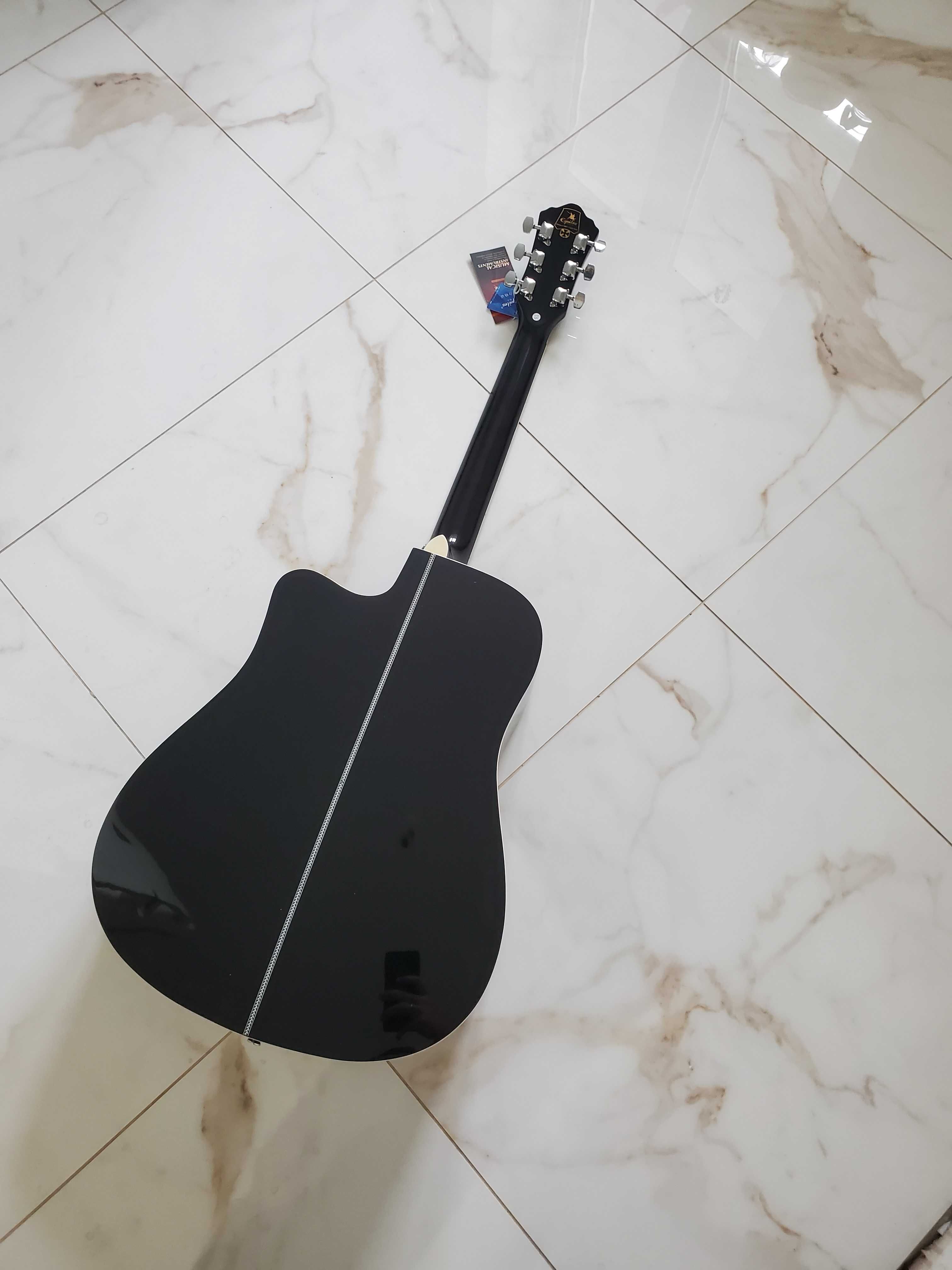 Акустическая гитара с усиленным грифом черная глянцевая хром механника