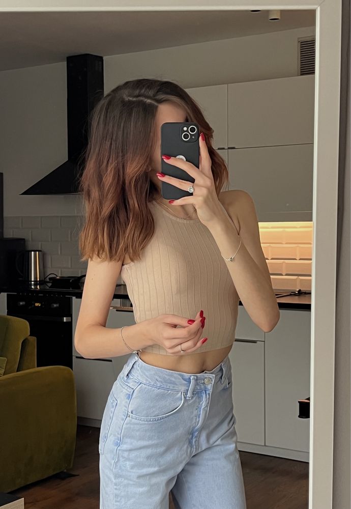 Crop top beżowy S tally weijl obcisły krotka koszulka bez rekawow