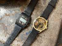 Zegarek reczny skeleton asahi komplet prl design ladny stan