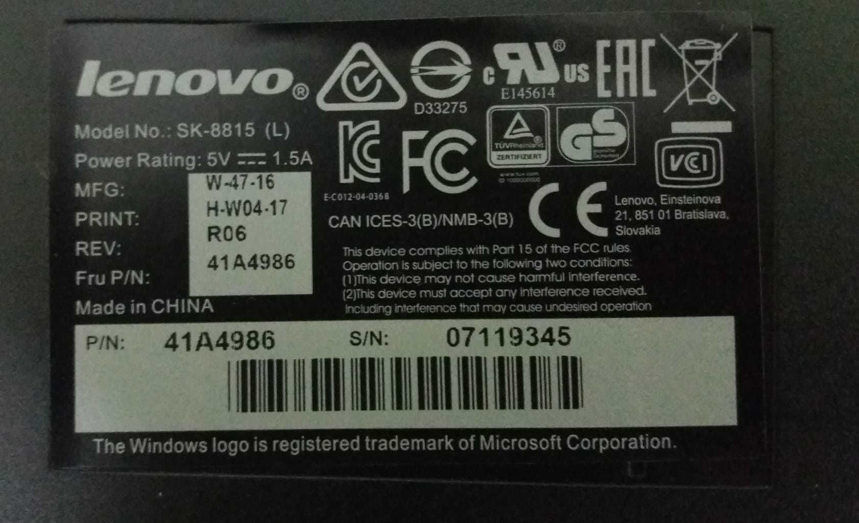 Teclado Lenovo SK8812L USB