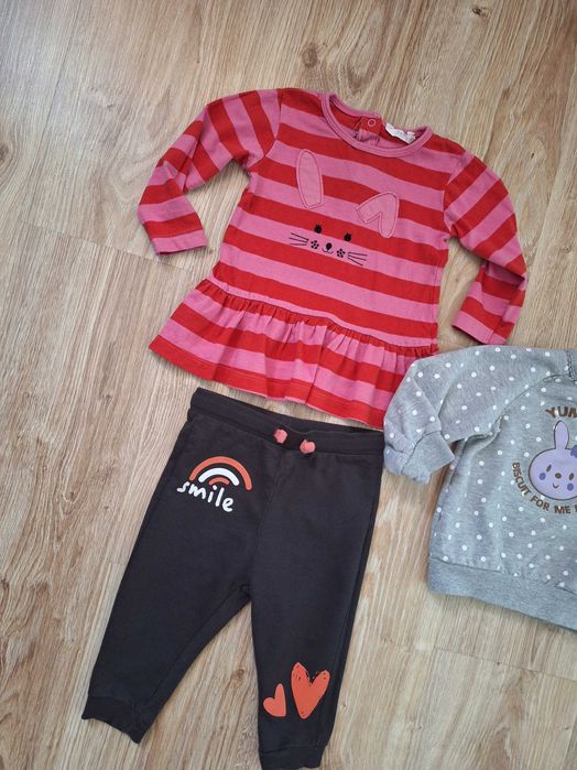 Bluzka z królikiem, bluza z królikiem i spodnie z serduszkami 74 cm