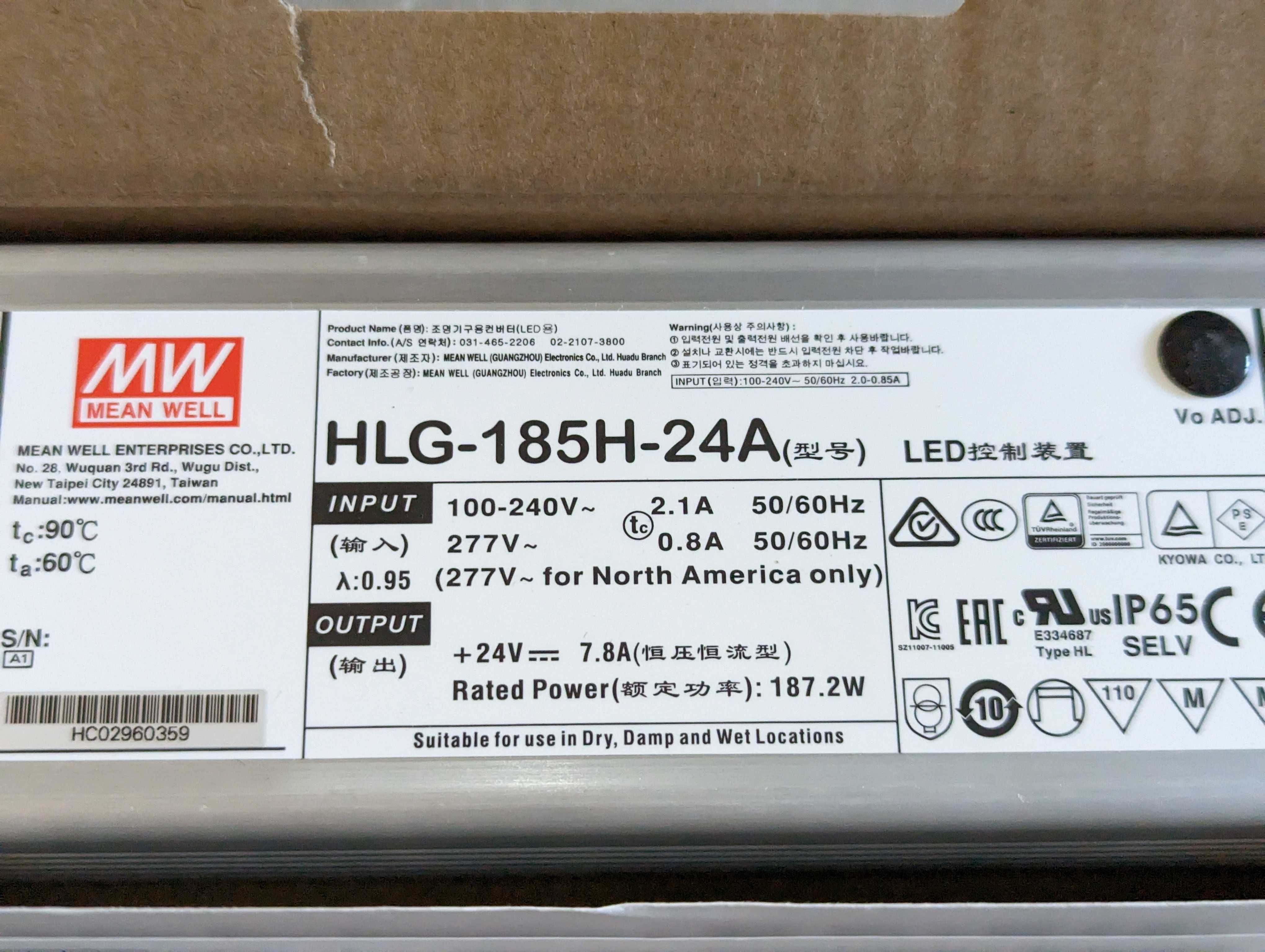 Zasilacz LED Mean Well HLG-185H-24A (185W 24V 7.8A regulacja) nowy