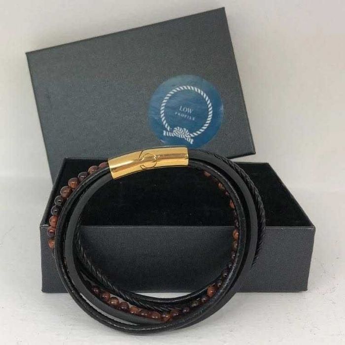 Pulseira multifacetada de couro/aço/pedras