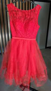 Piękna tiulowo-koronkowa czerwona sukienka MIDI // na wesele