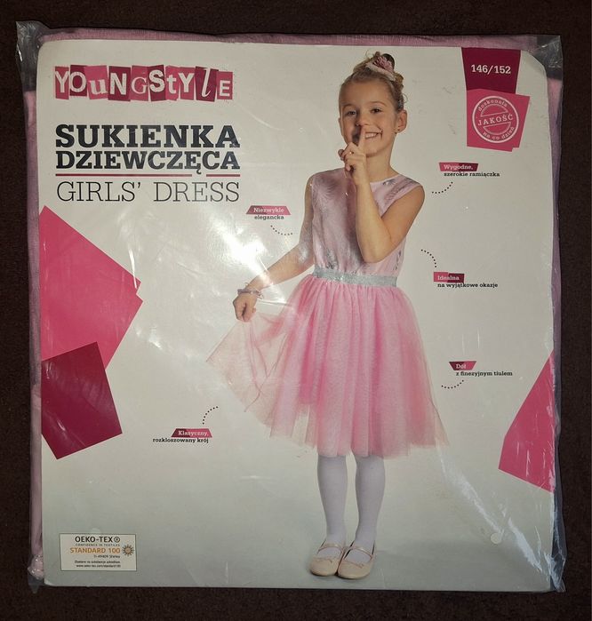r. 146/152 NOWA sukienka dziewczęca wizytowa elegancka jasno różowa