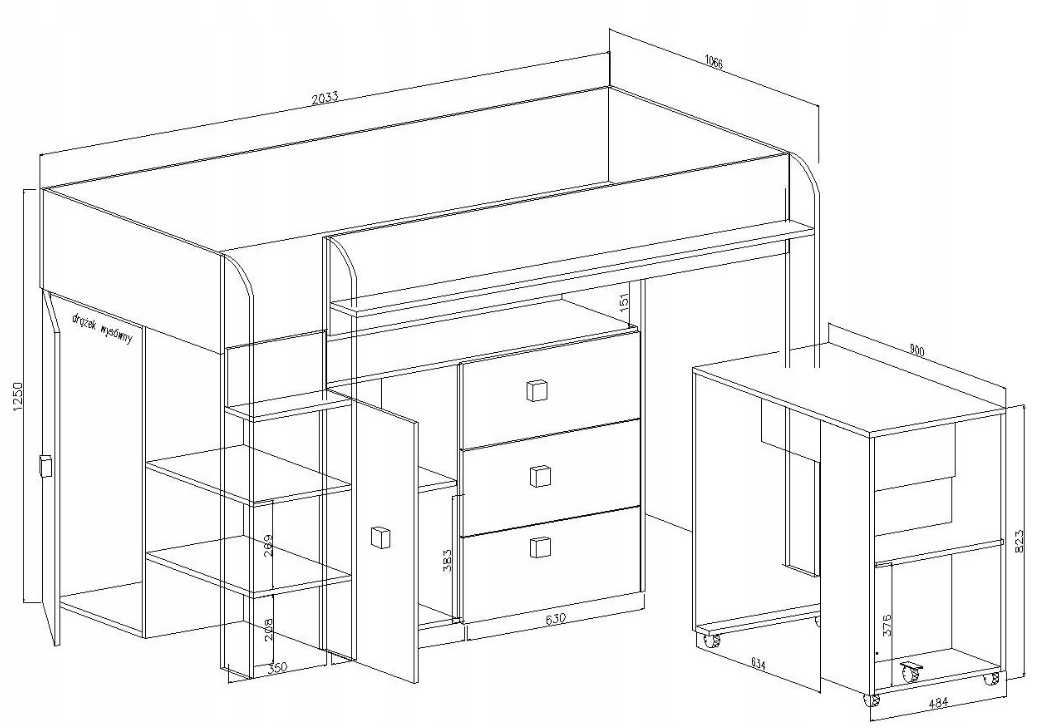 Łóżko piętrowe antresola z biurkiem, szafkami i szufladami