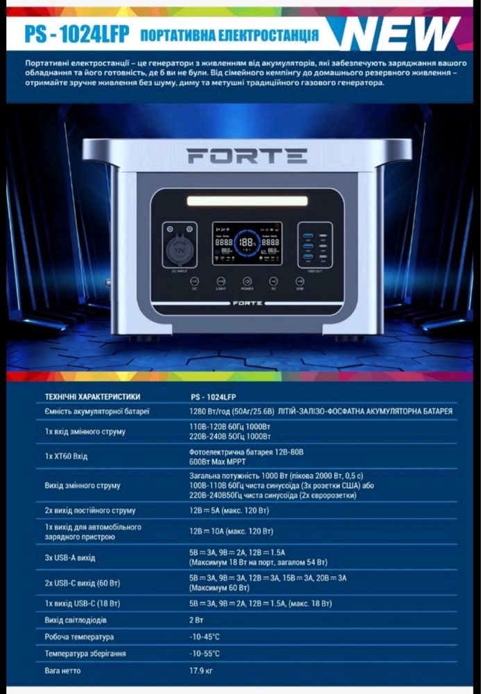 Портативна зарядна станція Forte PS-1024 LFP 1280 Wh (1000W)