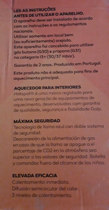 Aquecedor a gás HOSPOT da GALP - NOVO.