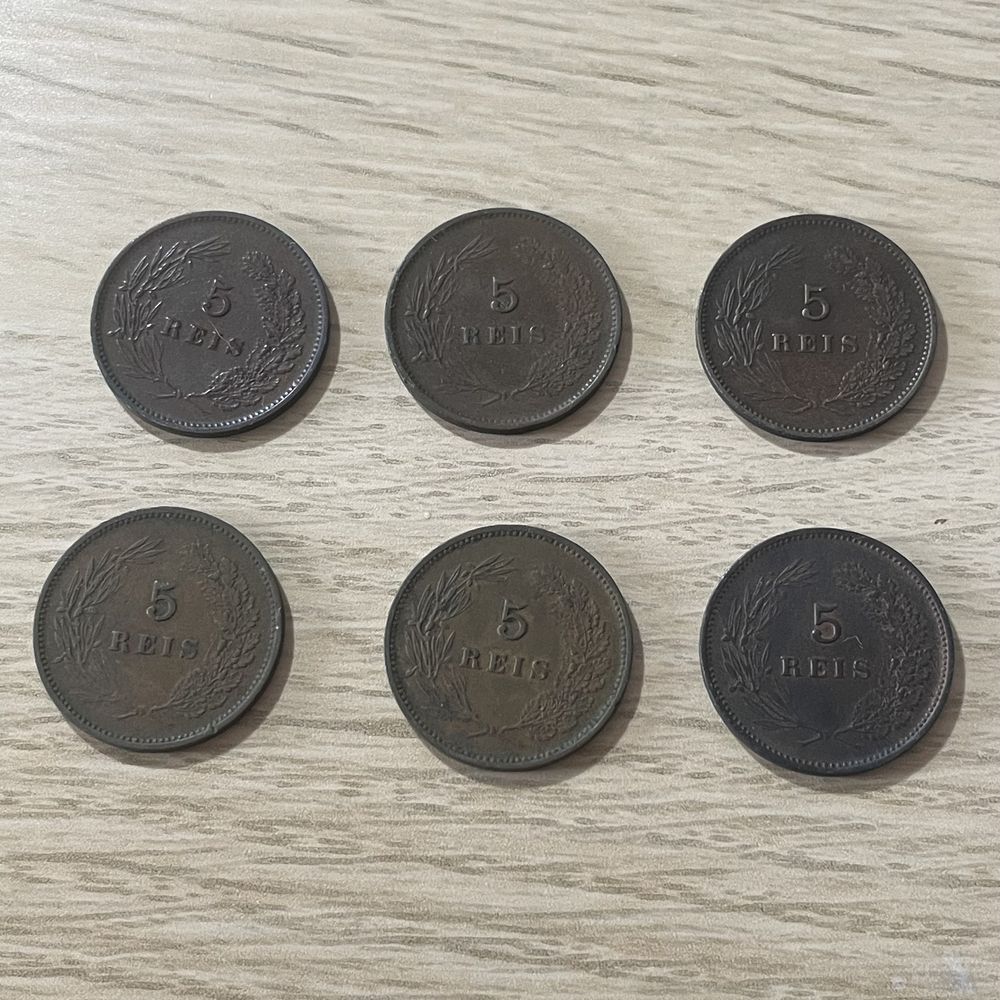 Conjunto de 8 moedas de 5 reis da monarquia portuguesa (1882 até 1906)