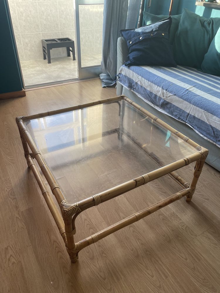 Grande Mesa de Centro Vintage de Bambu e Rattan - Anos 1960/70