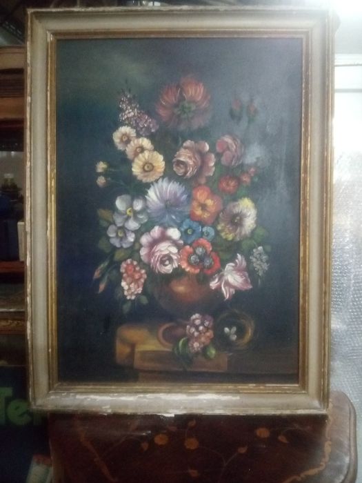 Natureza morta-vaso com flores-antiga pintura em óleo sobre platex