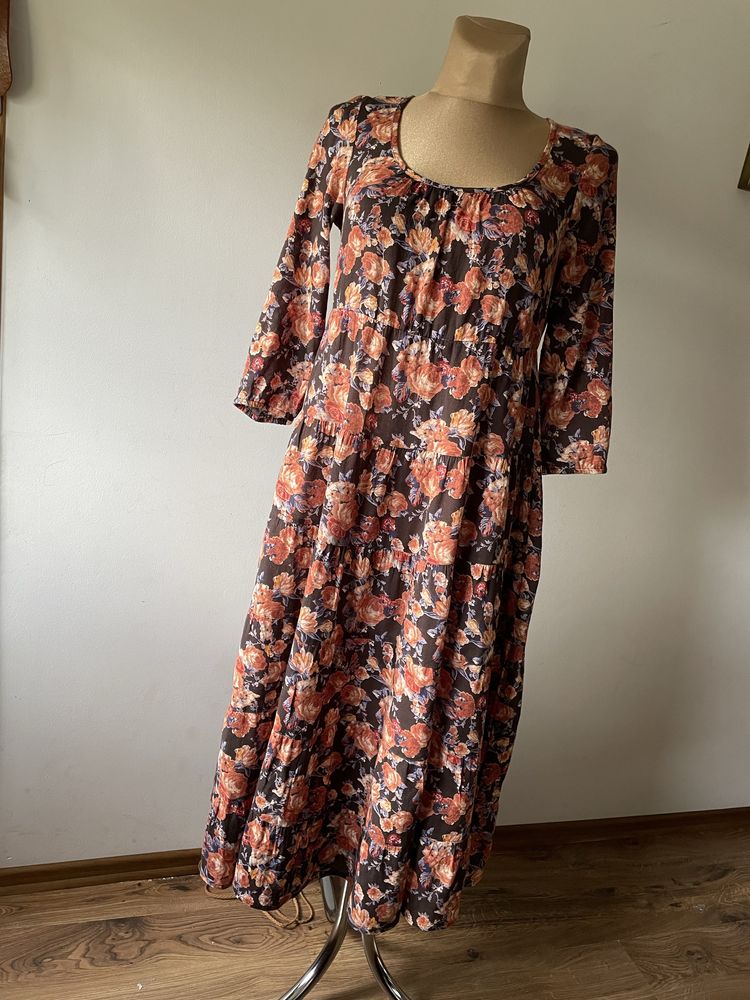Bawelniana sukienka  maxi LINDEX, brazowa w kwiaty, 100% bawełna