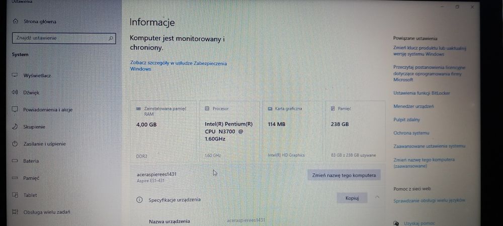 Laptop acer aspire es1-431  intel n3700 4 gb ram 14"