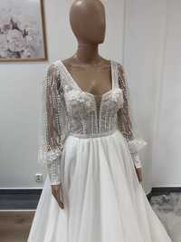 Nowa gorsetowa suknia slubna z dlugim rekawem kwiaty 3D blyszczaca 36