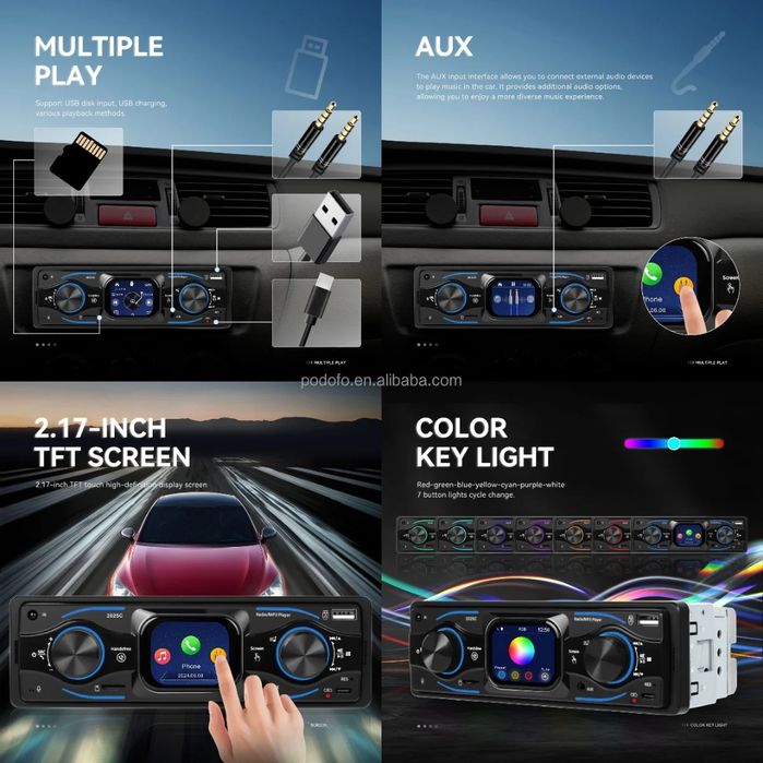 Rádio 1Din Ecrã Tátil 2.17" | Bluetooth | USB-C Carga Rápida | Novo