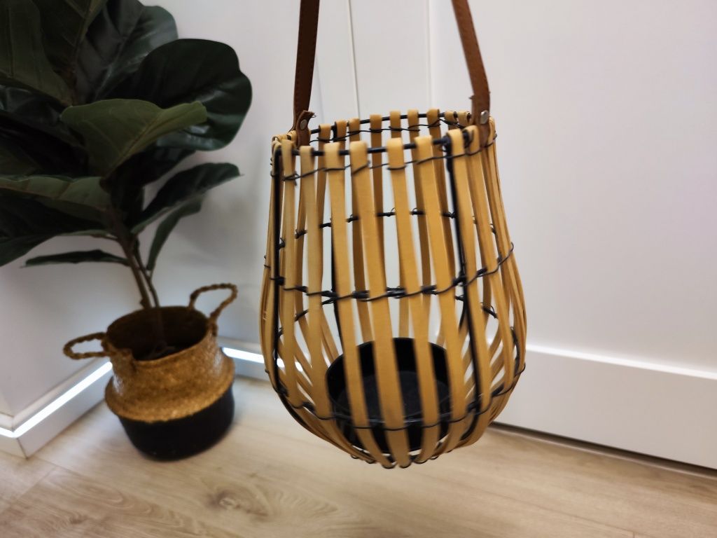 Lampion Boho latarenka świecznik drewno bambus balkon taras