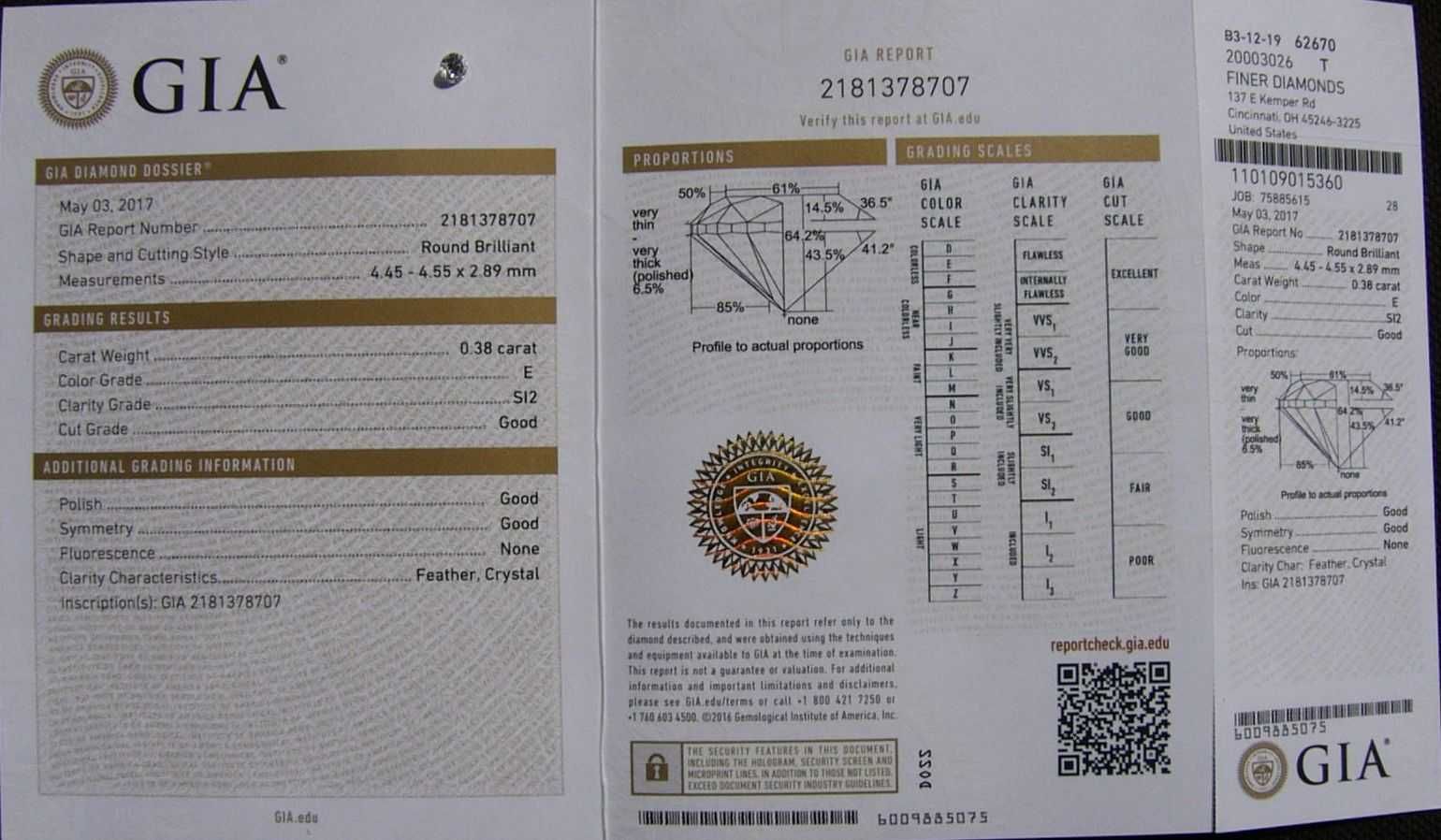 BRYLANT 0.38 ct Si2 E 4.55 mm Certyfikat GIA Diament
