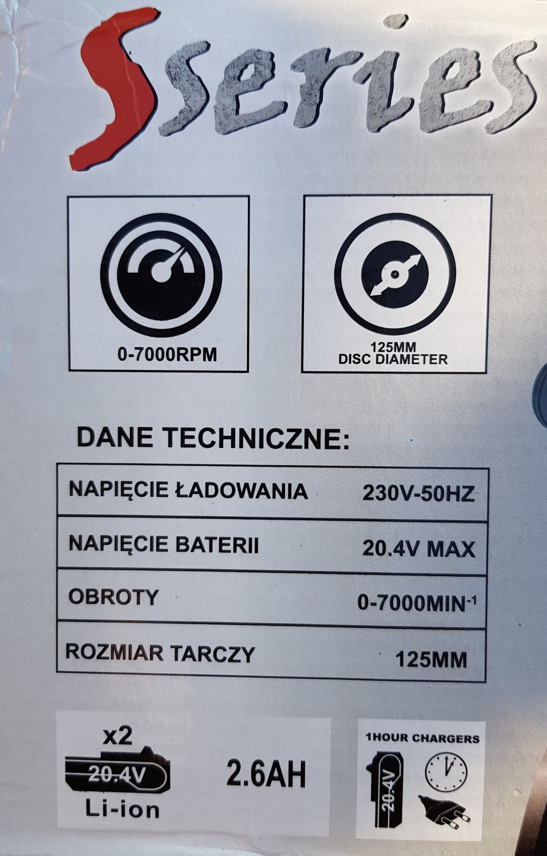 Szlifierka Kątowa Akumulatorowa 20.4V 2.6AH Reg. Obrotów Tarcza 125MM