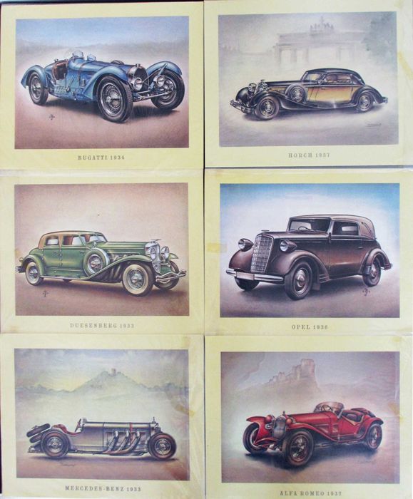 Conjunto de 28 gravuras de automóveis clássicos