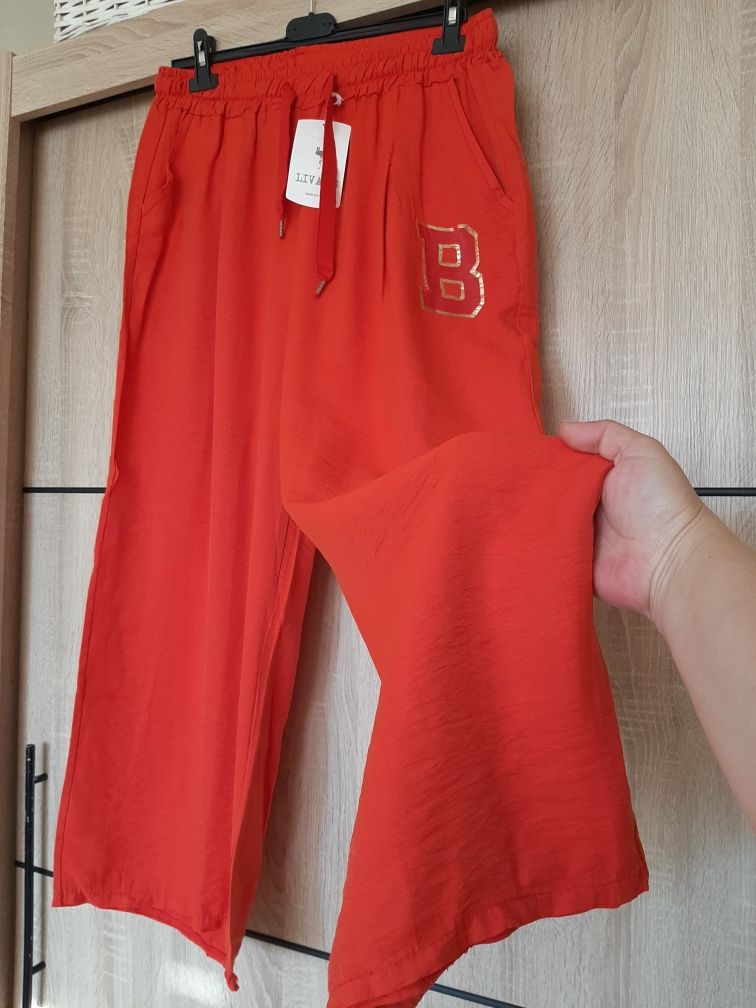 Spodnie kuloty szeroka nogawka napis czerwone plus size 46 44  wiskoza
