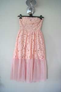 rozkloszowana koronkowa jasnorozowa pudrowa sukienka azurowa 38 M róż