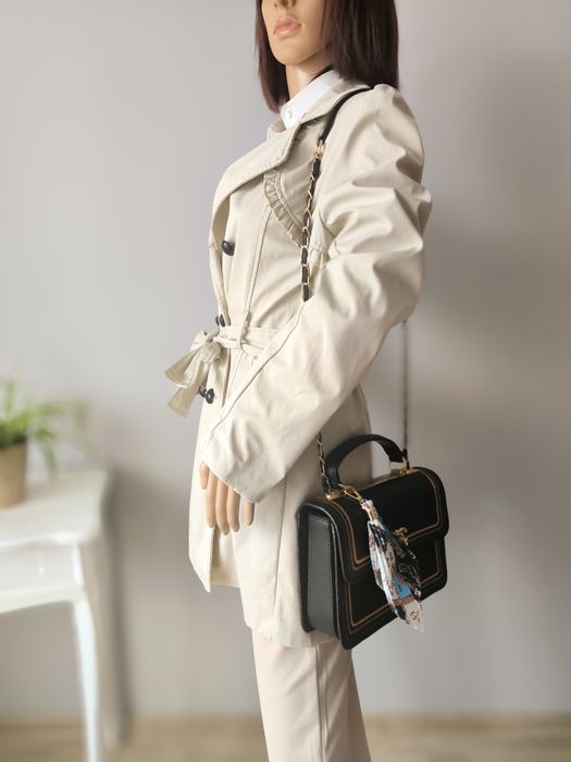 Beżowy trencz bawełniany, elegancki, dwurzędowy, rozm. M L 38 40