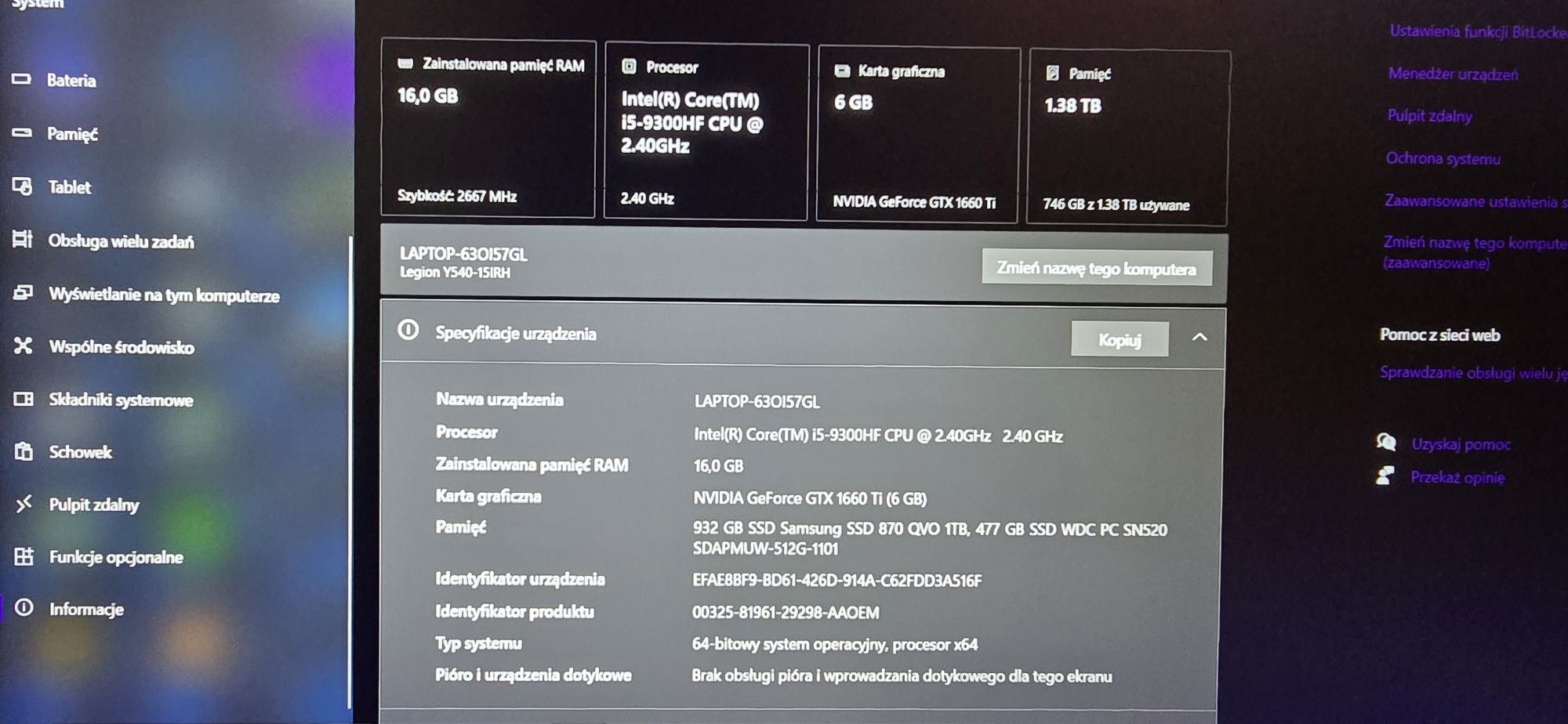 Laptop lenovo legion y540, i5 9300HF, 16 GB, 1.5 TB SDD, GTX 1660 TI