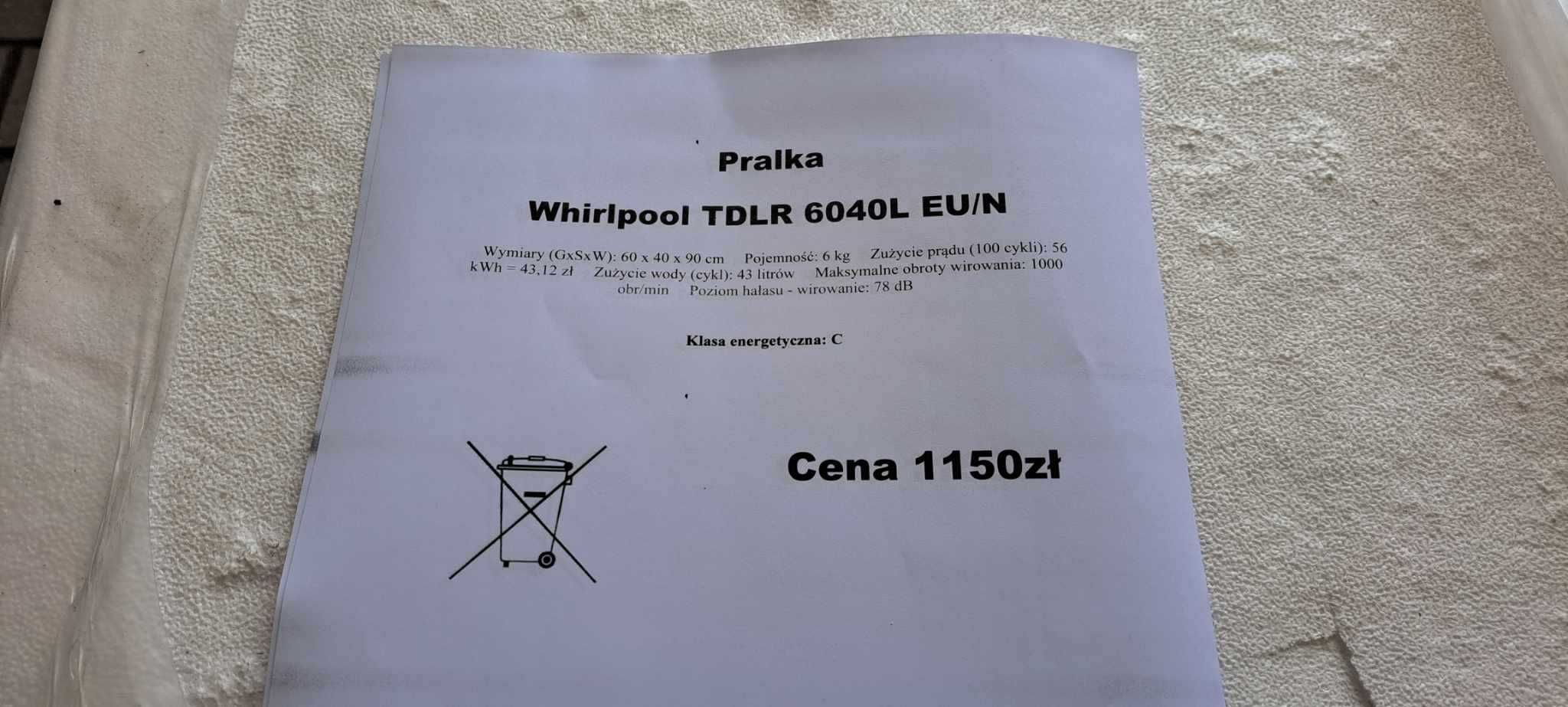 Nowa Pralka Whirlpool TDLR 6040L EU/N 24m-ceg w. FV23%