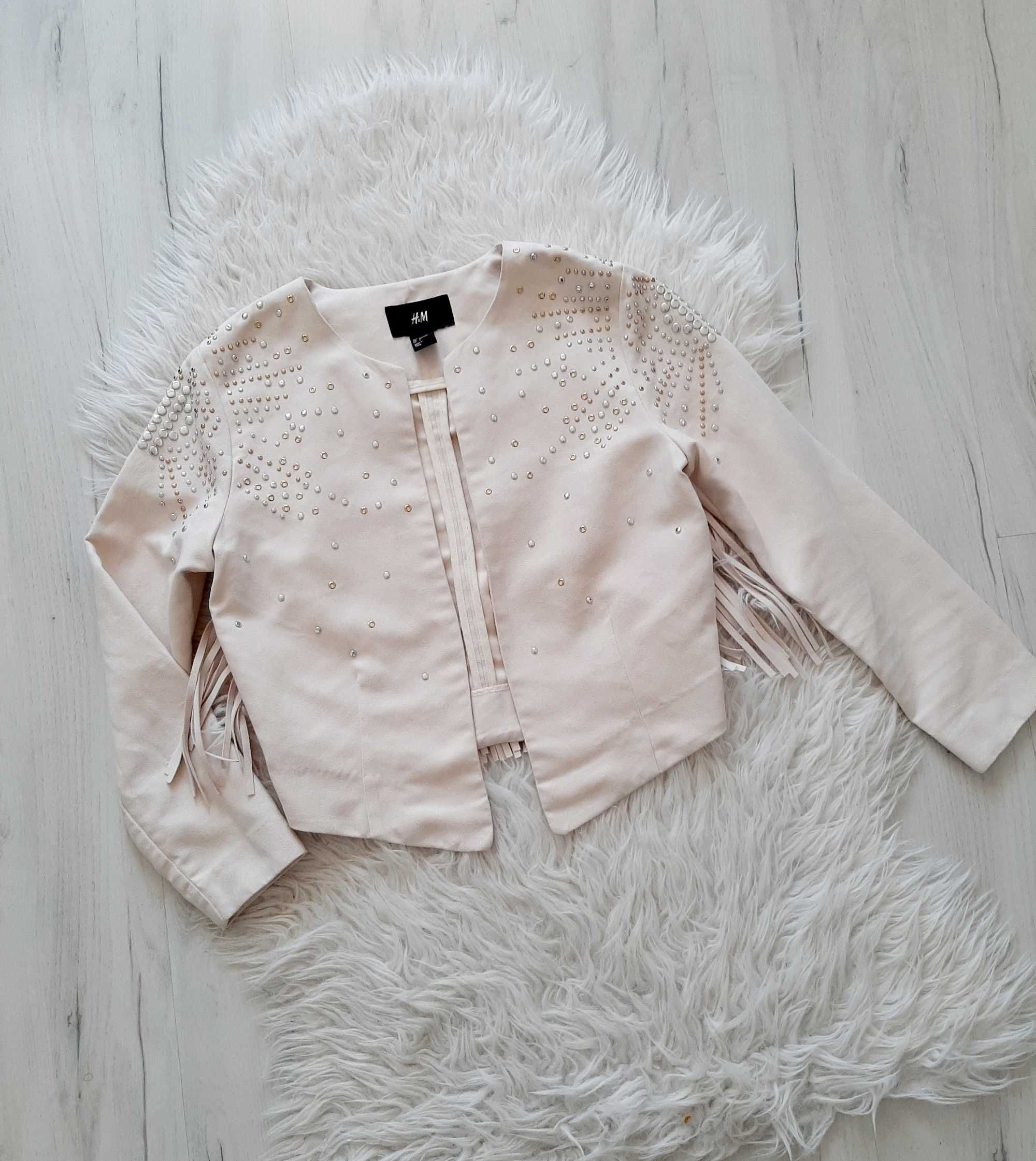 H&M piękna beżowa zamszowa ramoneska z frędzlami i dżetami S 36