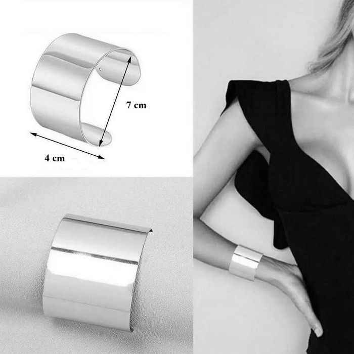 Srebrna BRANSOLETKA mankietowa szeroka z łańcuszkiem