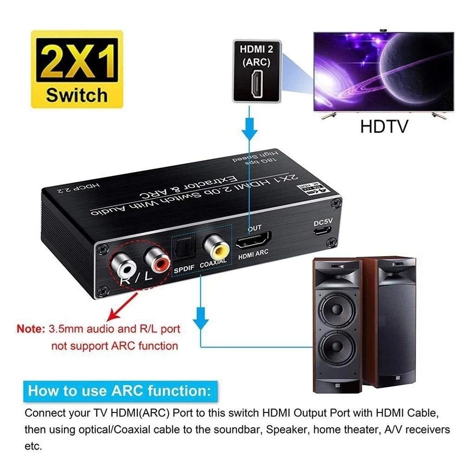 Аудио экстрактор 4К HDMI, TOSLINK, SPDIF адаптер ARC, переключатель