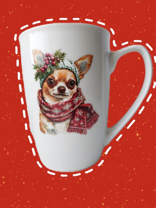 Kubek świąteczny, ręcznie zdobiony, pies chihuahua, Kupki Pracownia