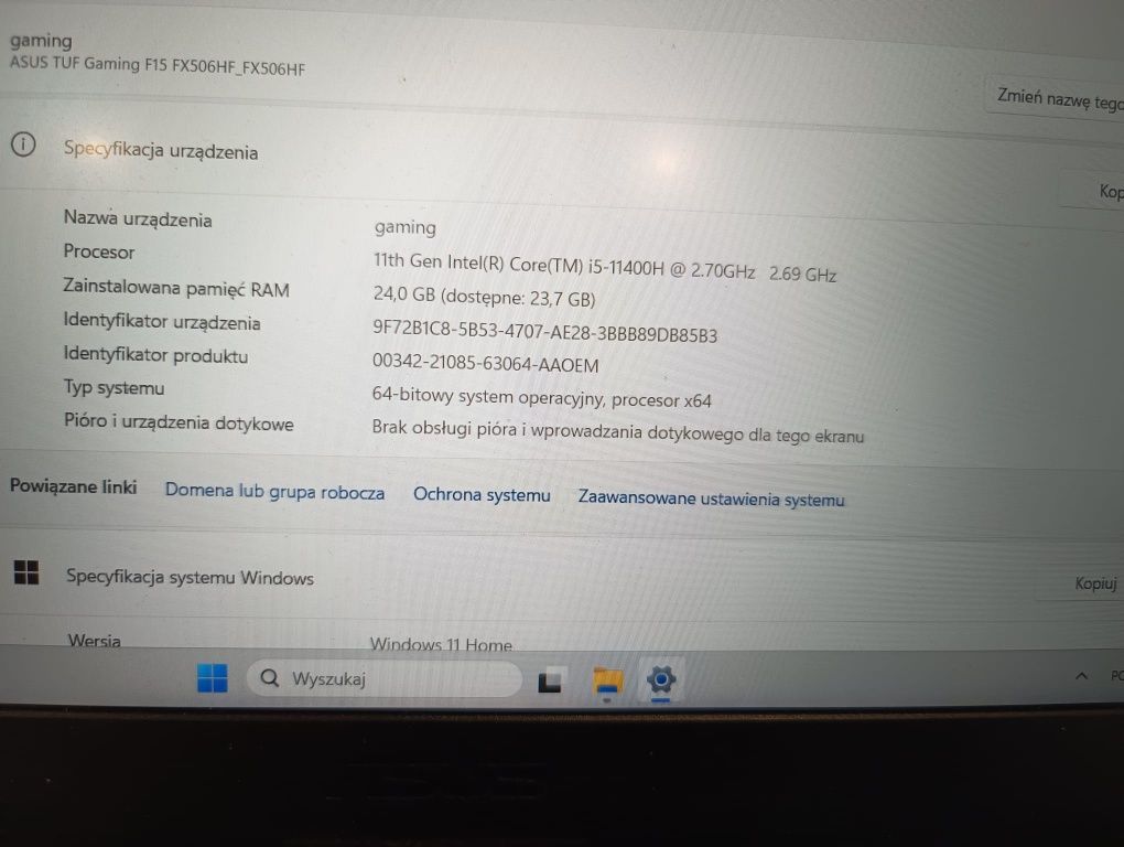 Laptop gamingowy Asus tuf gaming f15 i5-11 gen  24 GB RAM 512 RTX2050