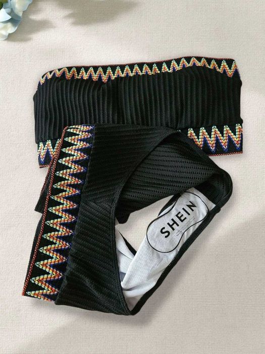 Женский купальник с вышивкой в рубчик топ и высокие плавки SHEIN, L/XL