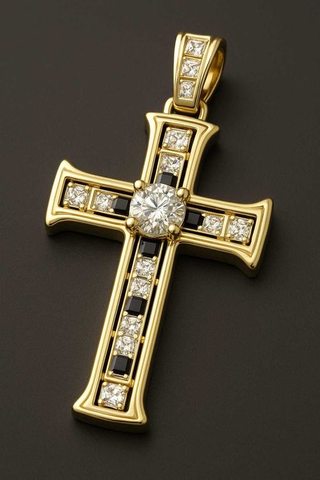 Męski krzyżyk złoty 585 z brylantami i onyksem lapis lazuli Design