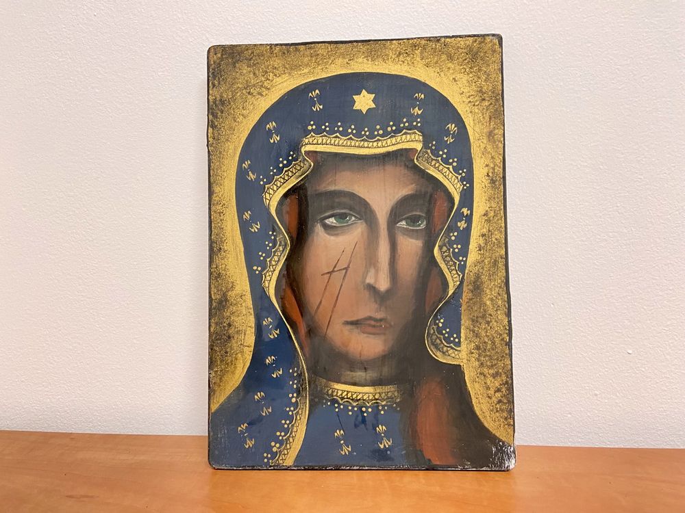 Ikona Madonna Częstochowska drewno tempera 32x22cm Cepelia 1981r