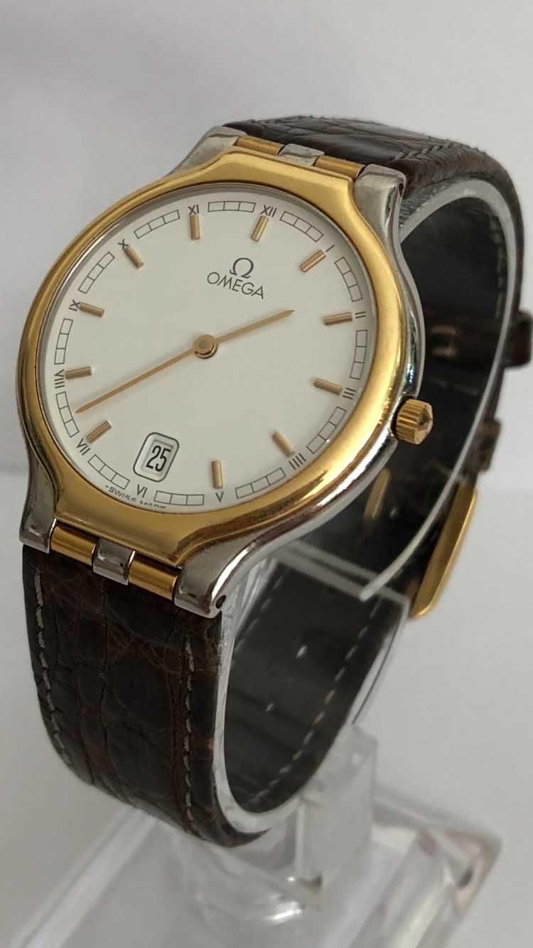 Omega Quartz ze złotą lunetą 18K, męski unisex, stylowy piękny zegarek