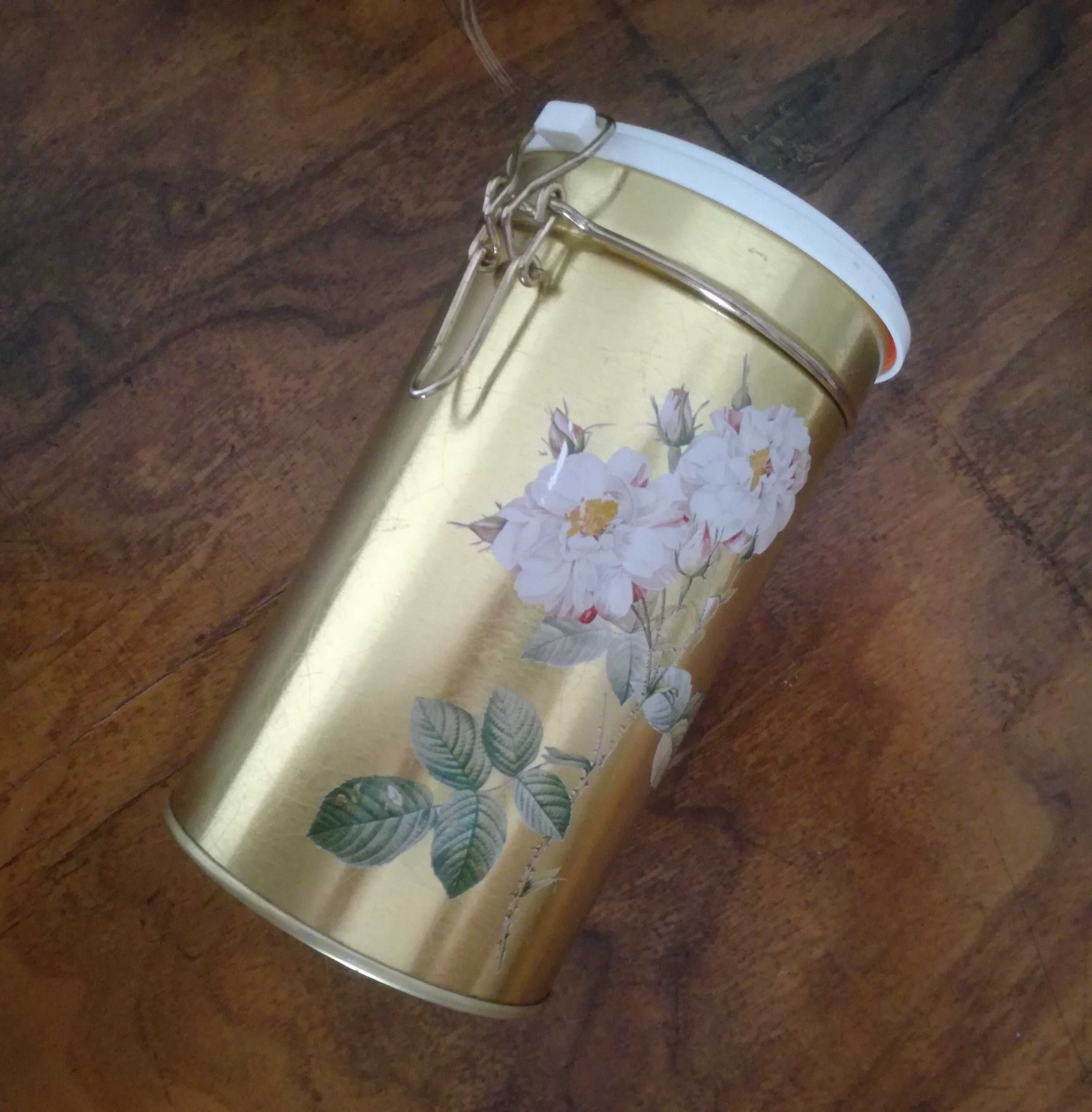 Złota Puszka kuchenna stara unikatowa pojemnik w kwiaty vintage
