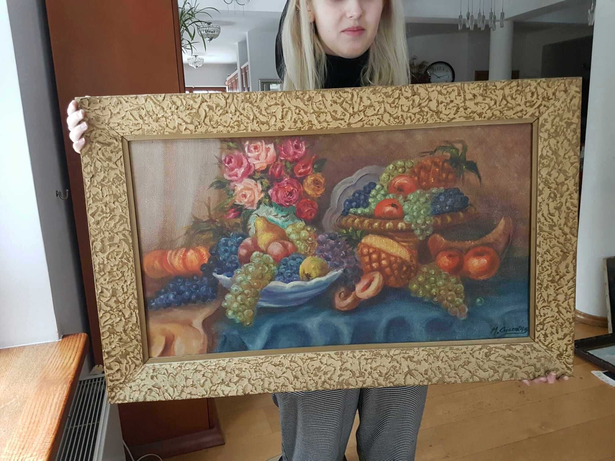 Obraz olejny malowany na płycie "Róże i winogrona" w ramie ecri 83x52